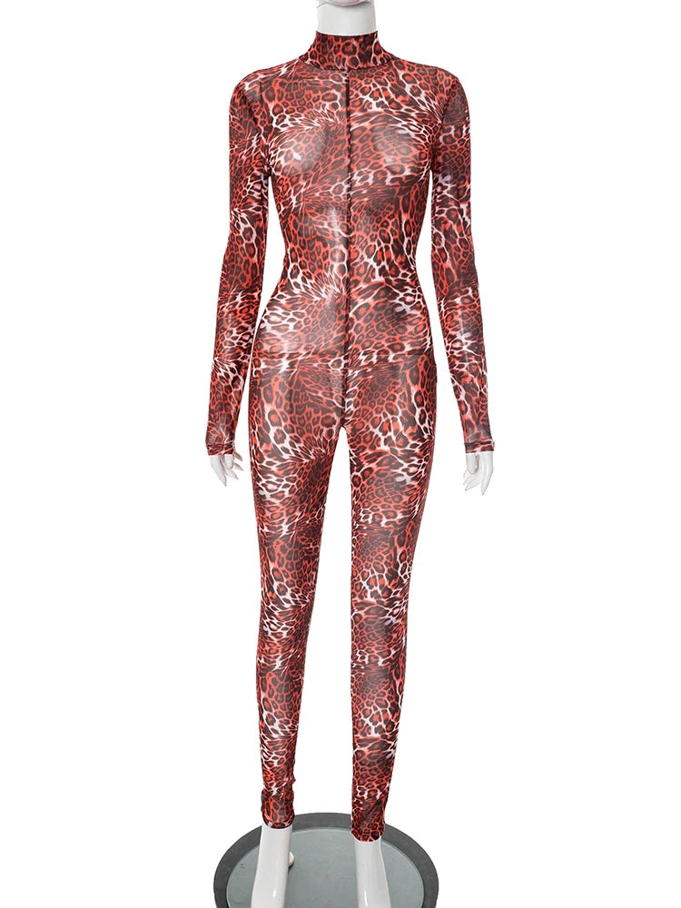 Leopard Print Jumpsuits Women Mesh Patchwork Turtleneck Backless Full Sleeve Skinny Peach Hip Hottie Hipster Overalls
