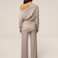 Leisure Elegant 2 Piece Set Women Trend Simple Skew Collar Full Sleeve T-Shirt+Patchwork Ruched Wide-Leg Pant Street Suit