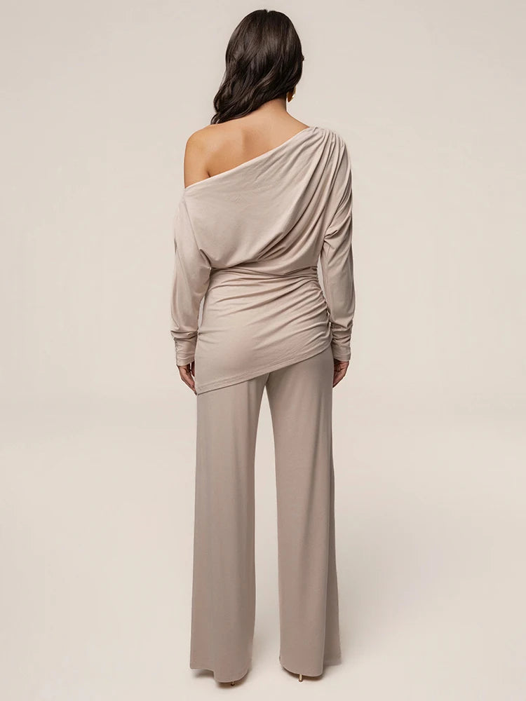 Leisure Elegant 2 Piece Set Women Trend Simple Skew Collar Full Sleeve T-Shirt+Patchwork Ruched Wide-Leg Pant Street Suit