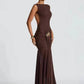 Metal Flower Backless Ruched Sexy Maxi Dress Women Gown Fashion Sleeveless Backless Bodycon Club Party Dress Elegant