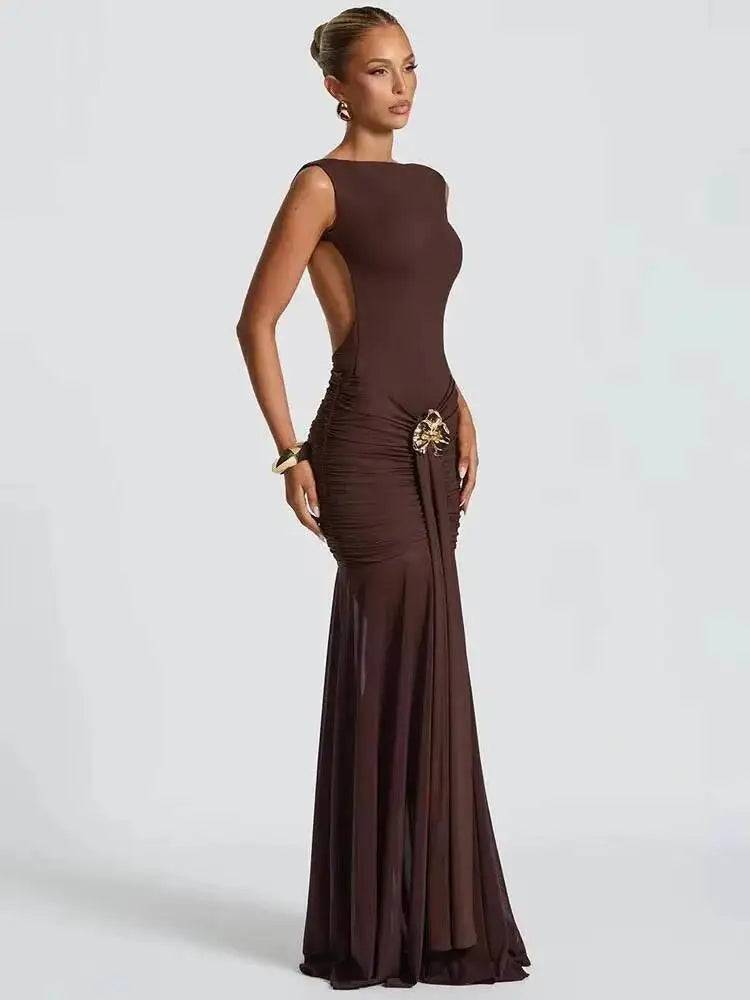 Metal Flower Backless Ruched Sexy Maxi Dress Women Gown Fashion Sleeveless Backless Bodycon Club Party Dress Elegant