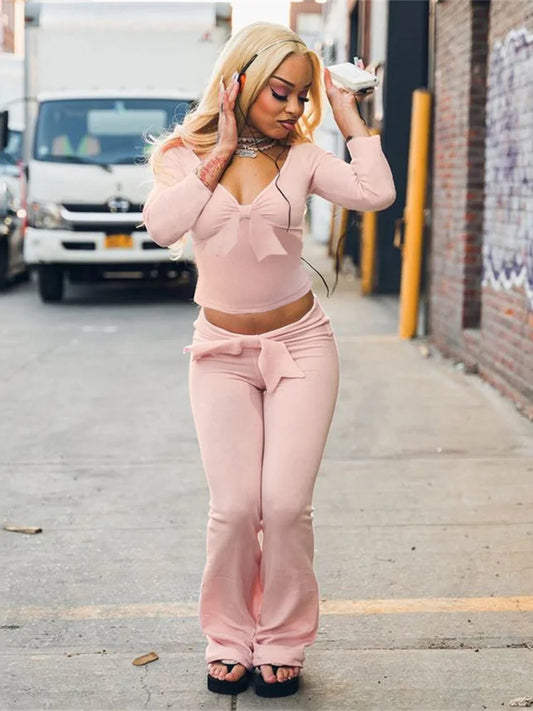 Casual Women 2 Piece Set Tracksuit Autumn Trend Bow Crop Tops+Flare Pants Matching Streetwear Simple Stretch Outfits