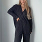 Pleated Loungewear Set Woman 2 Pieces Summer Long Sleeve Button Shirt Trousers Casual Women's Workout Clothing Outfits