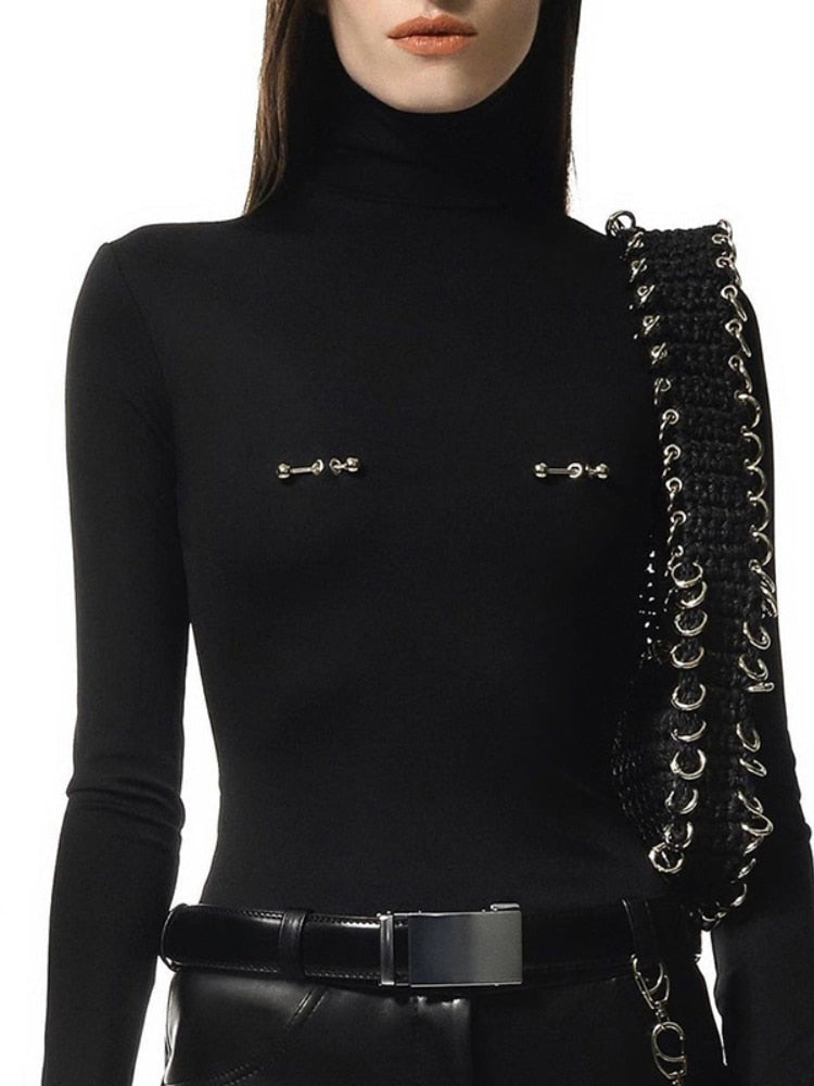 Going Out Tops Y2k Streetwear Hardware Turtleneck Long Sleeve Tees Sexy Black T Shirt for Women Fall 2023