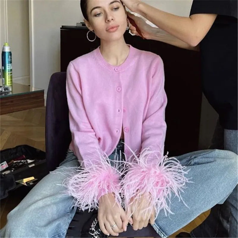 Fashion O Neck Sweater Tops Fur Feather Patchwork Long Sleeve Knitted Cardigan Spring Fall Slim Knitwear Top Streetwear