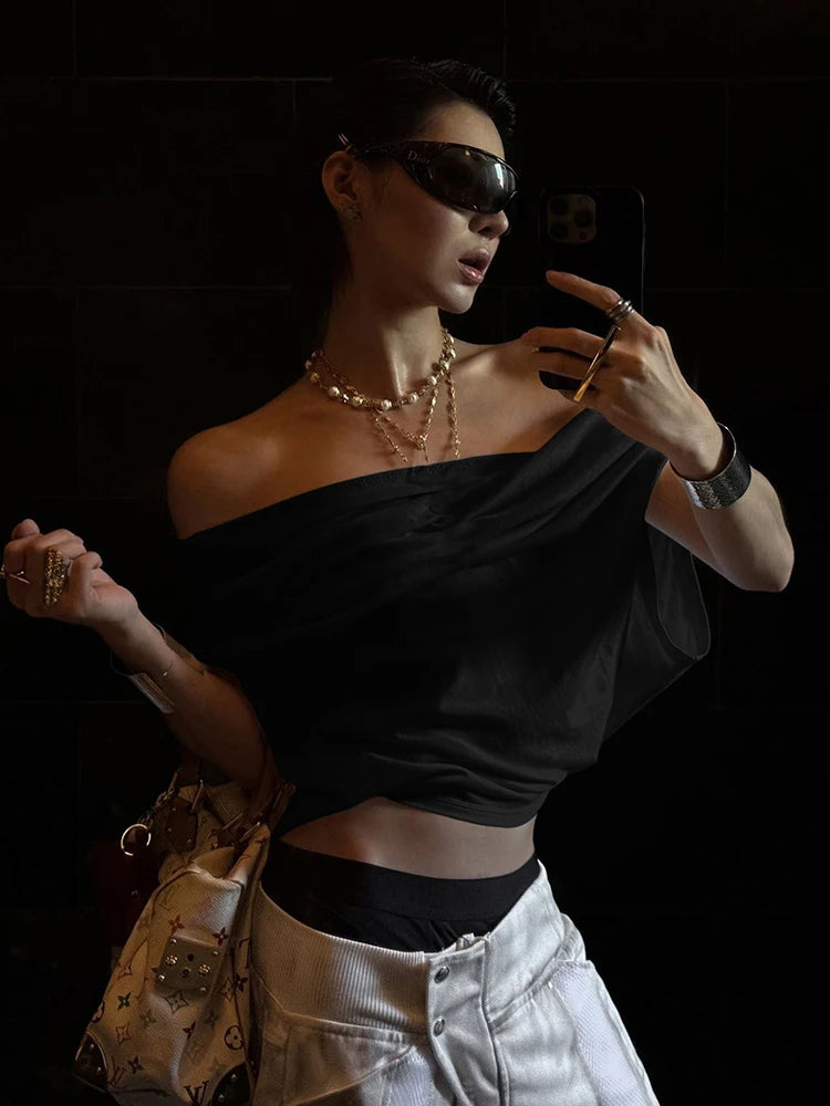 One Shoulder Crop Tops Women Folds Skinny Loose Summer Korean Style Simple Classic Casual Street Daily Harajuku Tops