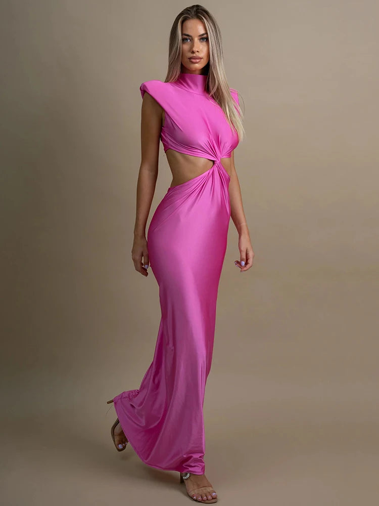 Hollow Out Turtleneck Sexy Maxi Dress For Women Fashion Solid Sleeveless Bodycon Tank Dresses Femme Club Party Dress