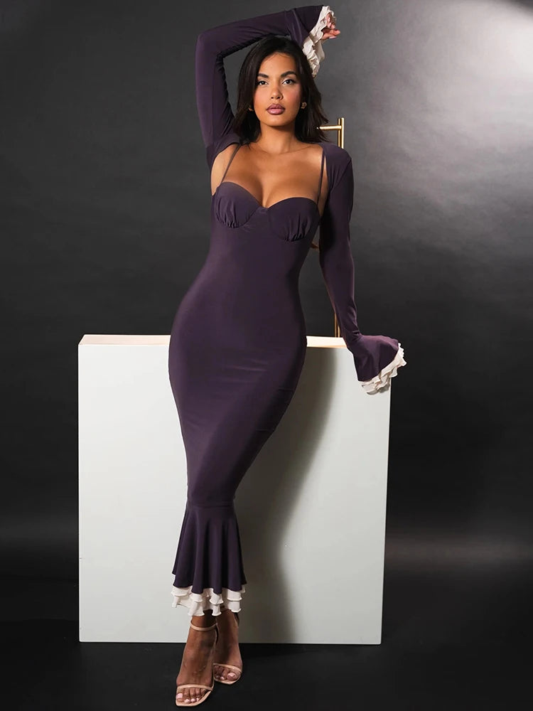 Elegant Long Sleeve Sexy Maxi Dress For Women Gown Fashion Patchwork Square Collar Bodycon Evening Fishtail Dress