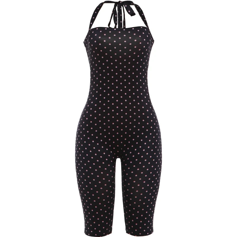 Polka Dot Print Backless Rompers Woman Summer Sexy Bandage Halter Sleeveless Skinny Peach Hip Streetwear Playsuits