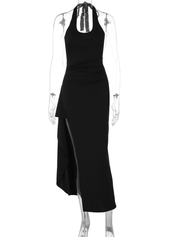 Halter Neck Sexy Maxi Dress Women Elegant Deep V Neck Sleeveless Backless Thigh High Split Club Party Long Dresses