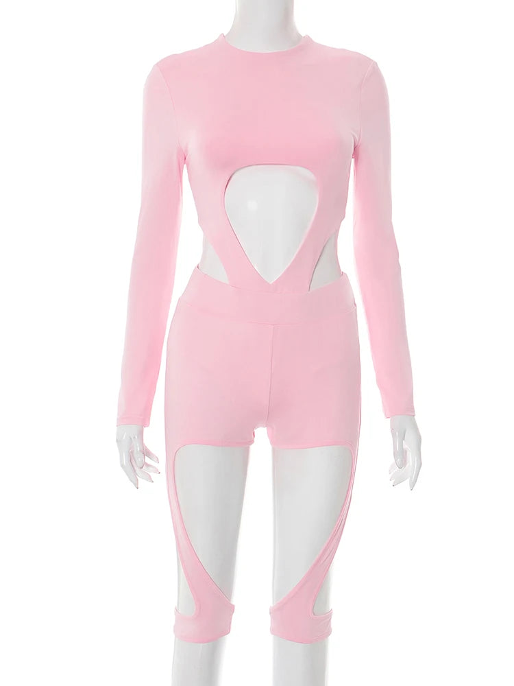 Sexy 2 Piece Set Hollow Chic Hipster Full Sleeve Bodysuit+Irregular Shorts Matching Midnight Clubwear Fashion Outfits