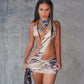 Tiger Stripe Print Mini Dress Woman Irregular Hollow Skew Collar Backless Sleeveless High Street Wild Style Bodycon