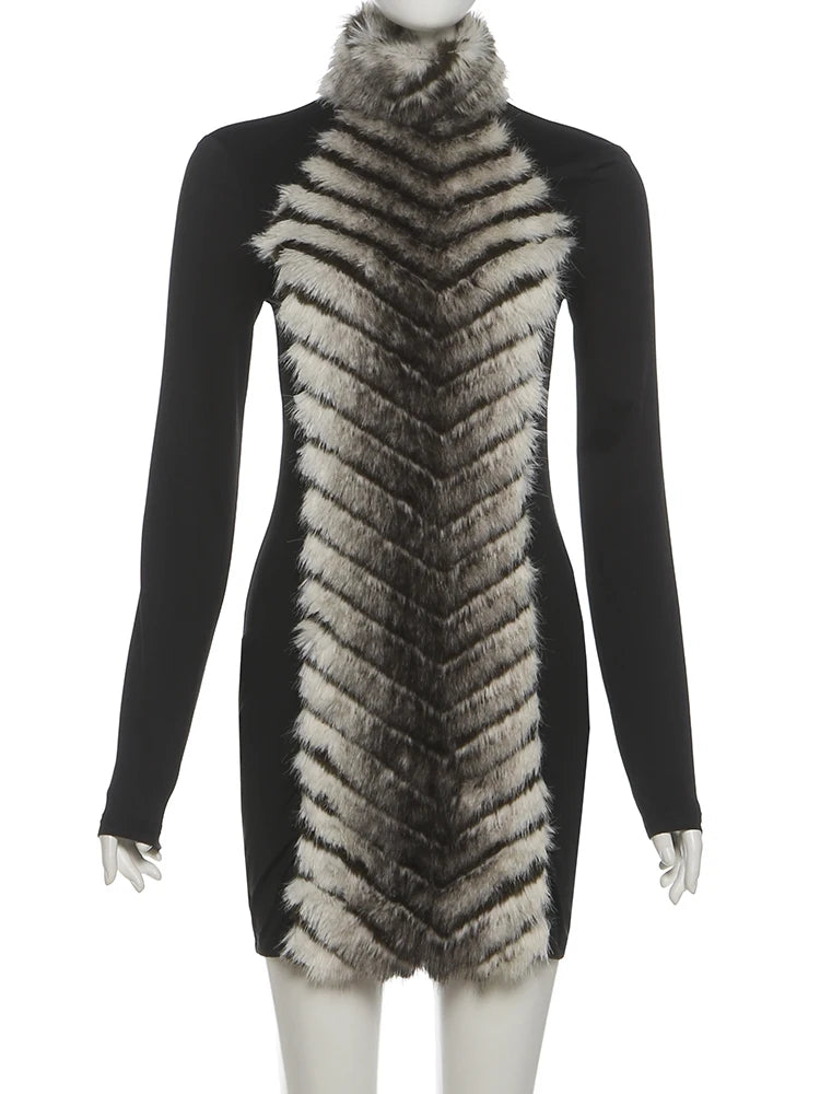 Tiger-Striped Plush Dress Women Patchwork Turtleneck Full Sleeve Skinny Autumn Winter Trend Street Fashion Mini Bodycon