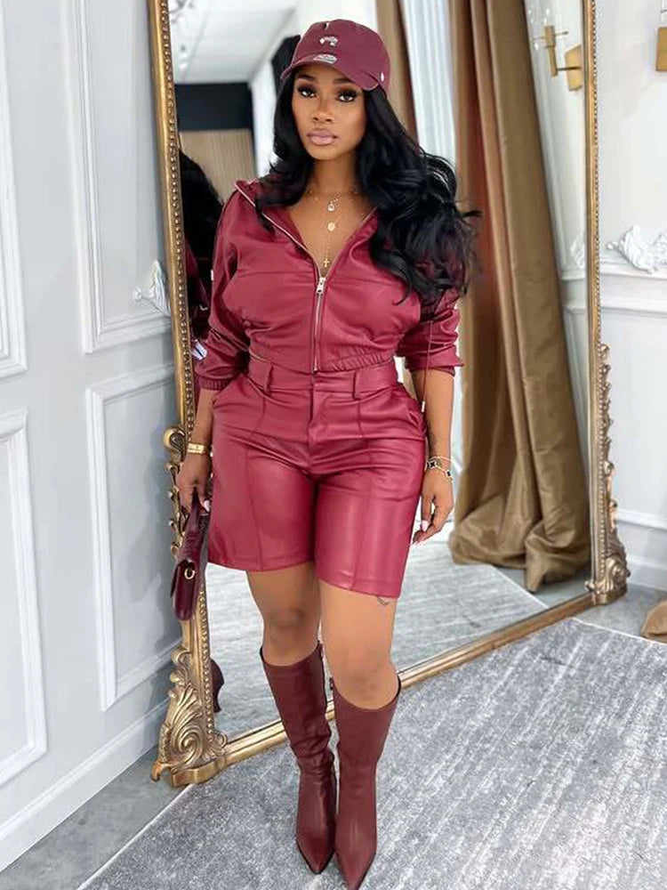 Simple Two-Piece Set Women Tracksuit Fall Zip Hooded Jacket+Shorts Matching Smooth Hipster Activity Streetwear Outfits