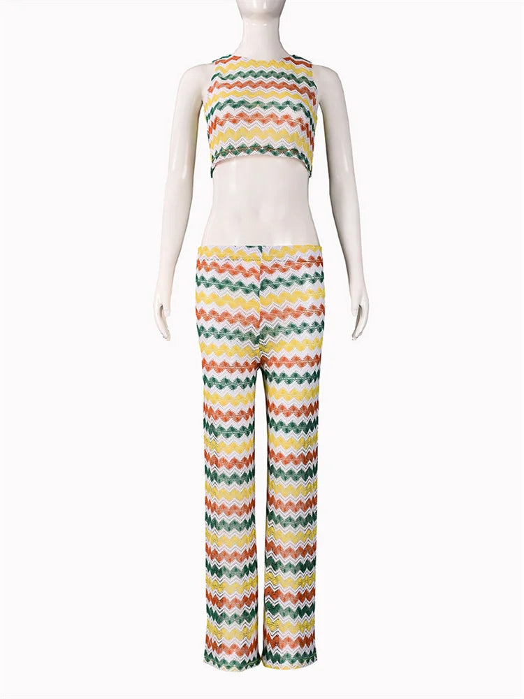 Crochet Stripe 2 Piece Set Women o-Neck Sleeveless Crop Tops+Straight Pants Street Fashion Y2K Style Elegant Outfits