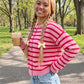 Womens Striped Knit Cardigan Round Neck Button Front Long Sleeve Loose Fit Casual Sweater Winter Fall Knit Outerwear