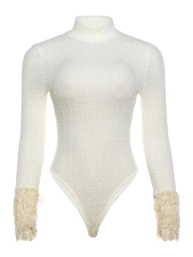 Fluffy Patchwork Knit Bodysuit Women Fashion Turtleneck Full Sleeve Autumn Trend Hottie Street Party Activity Outfits