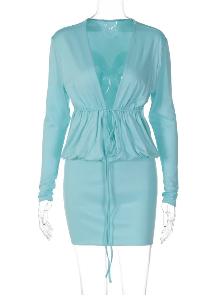 Women Deep V Long Sleeve Mini Dress Drawstring Waist Peplum Layered Bodycon Dress Elegant Club Night Out Party Dress