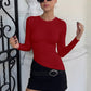 Crew Neck Long Sleeve Asymmetrical Tops Solid Color Tight Fitted T Shirts Fashion Fall Clothes Woman