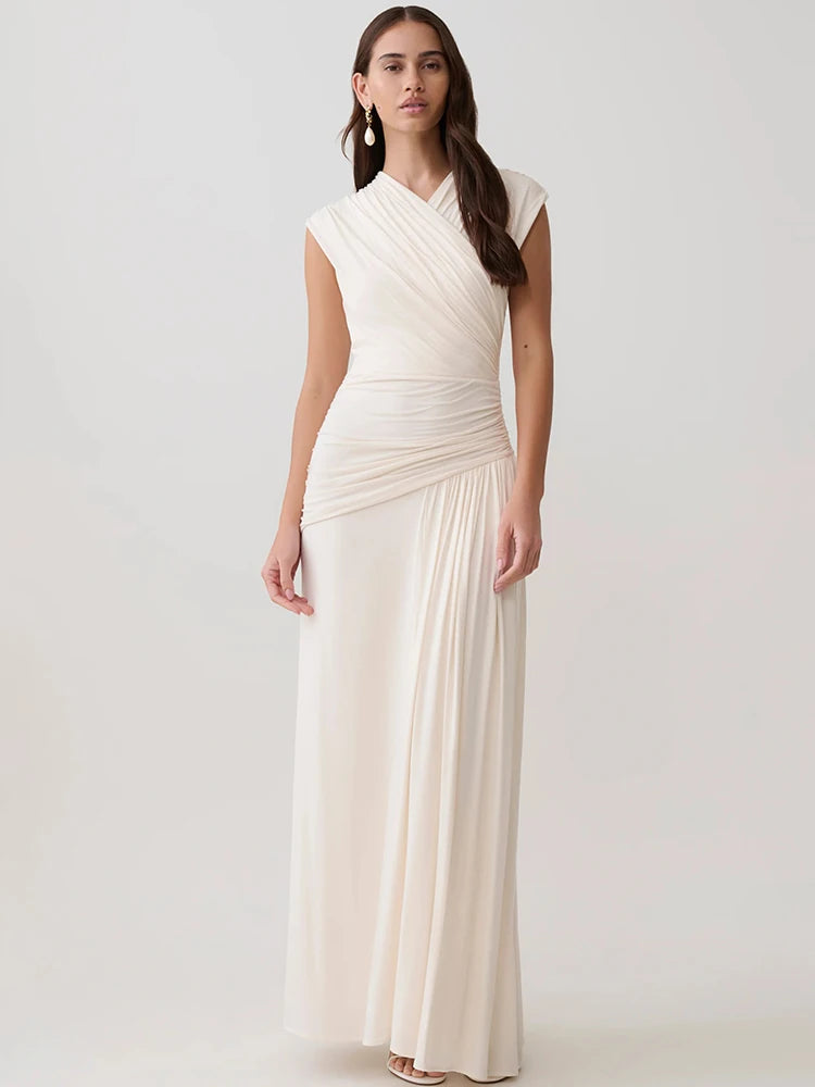 Women V Neck Cap Sleeve Maxi Dress Wrap Ruched Waist Draped Flowy Long Dress Wedding Guest Evening Party Formal Gown