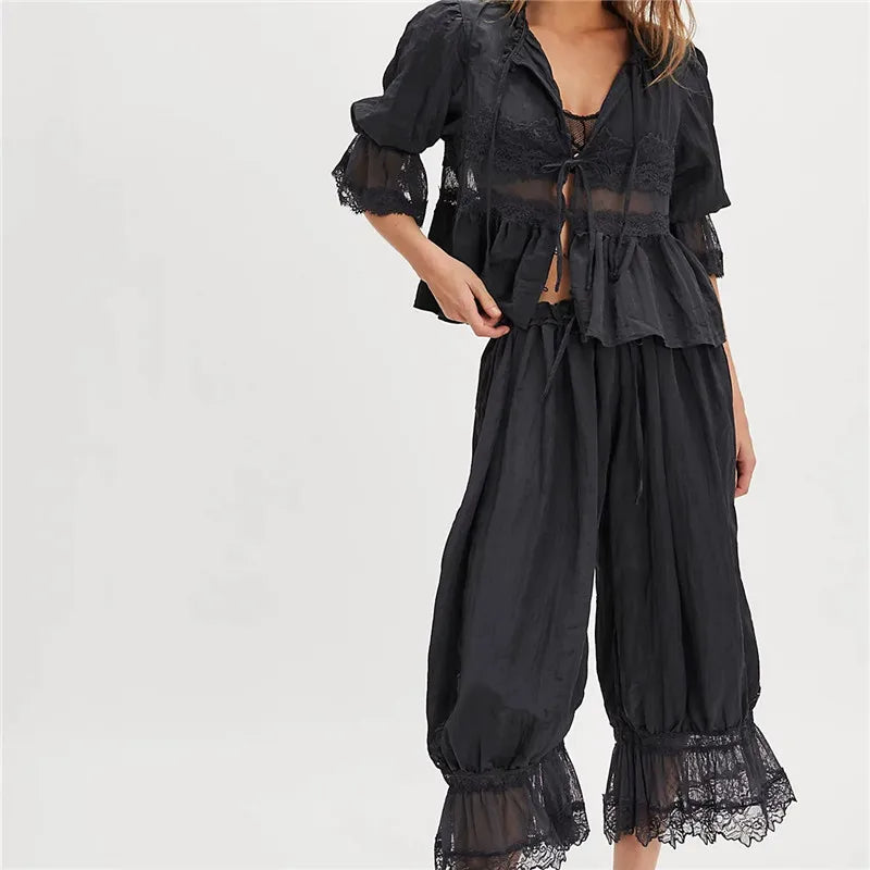 Women Lace Trim 2 Piece Pajamas Sets Y2k Bow Tie Front Short Sleeve Shirts + Ruffle Flared Lantern Pants Loungewear