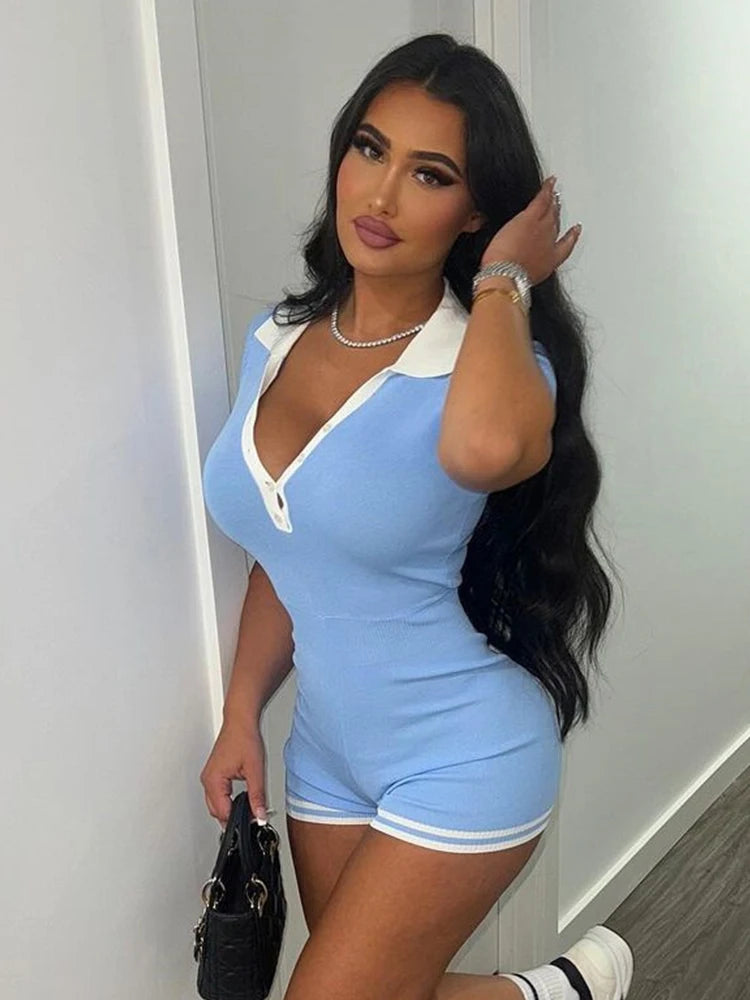Casual Women Romper Single-Breasted Polo Neck Shorts Sleeve Summer Simple Streetwear Sporty Activity Fitness Playsuit