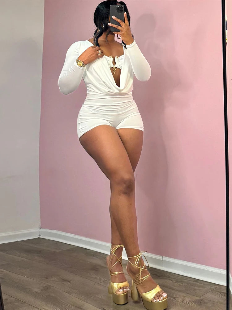 Sexy Women Swing Collar Romper+Metal buckle Bra Hipster Midnight Party Coquette New Spring Trend Workout Playsuits