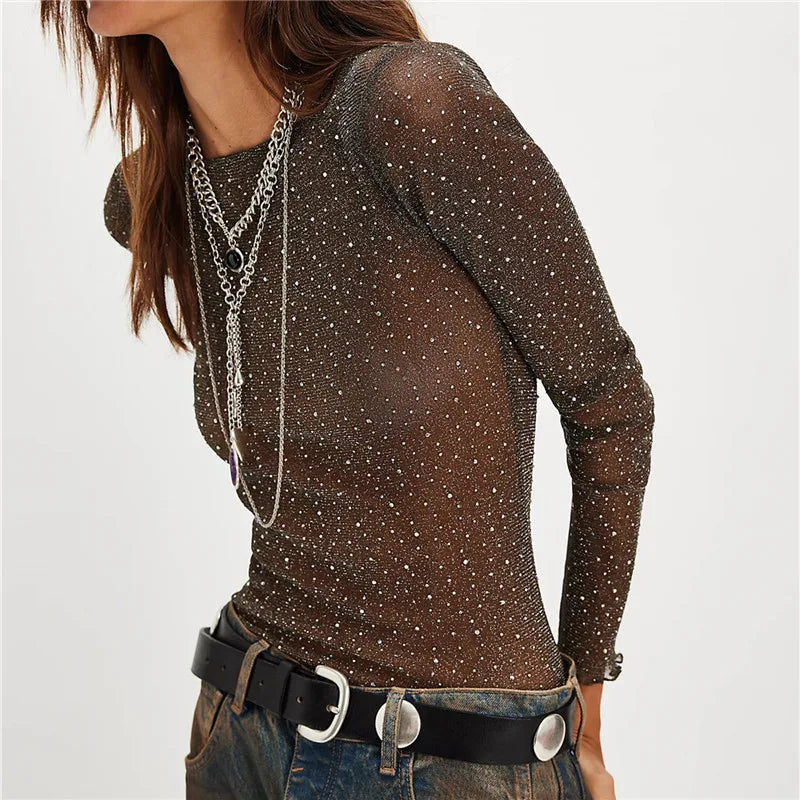 Women Rhinestone Mesh Sheer Tops Slim Fit Bling See Through Long Sleeve Lettuce Trim Shirts Spring Summer Party Cover Up