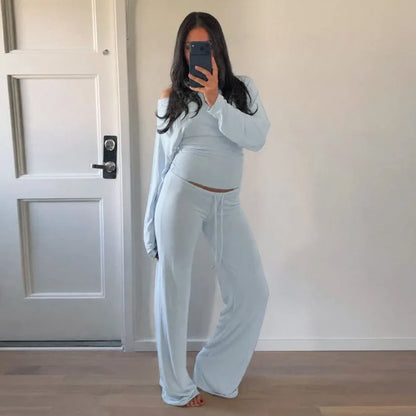 Woman Clothing Set 2 Piece Drawstring Sweatpants and One Shoulder Long Sleeve Top Casual Fall Outfits C56-CG34
