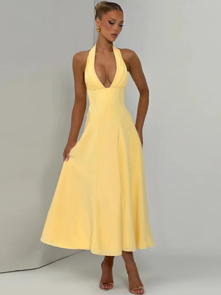 Women Halter Deep V Neck Sexy Midi Dress Pleated Bust Flared A‑Line Long Dress Elegant Evening Party Prom Dresses