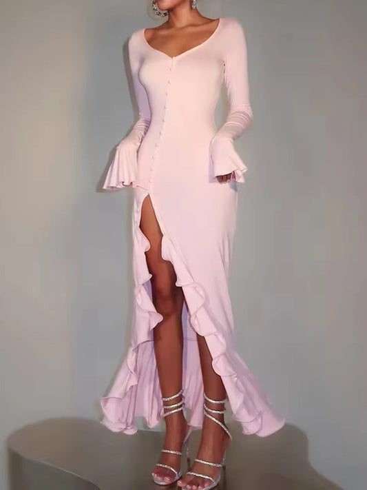 Flare Long Sleeve Ruffle Sexy Maxi Dress Women Autumn Pink V Neck Single-breasted High Waist Club Long Dresses Female