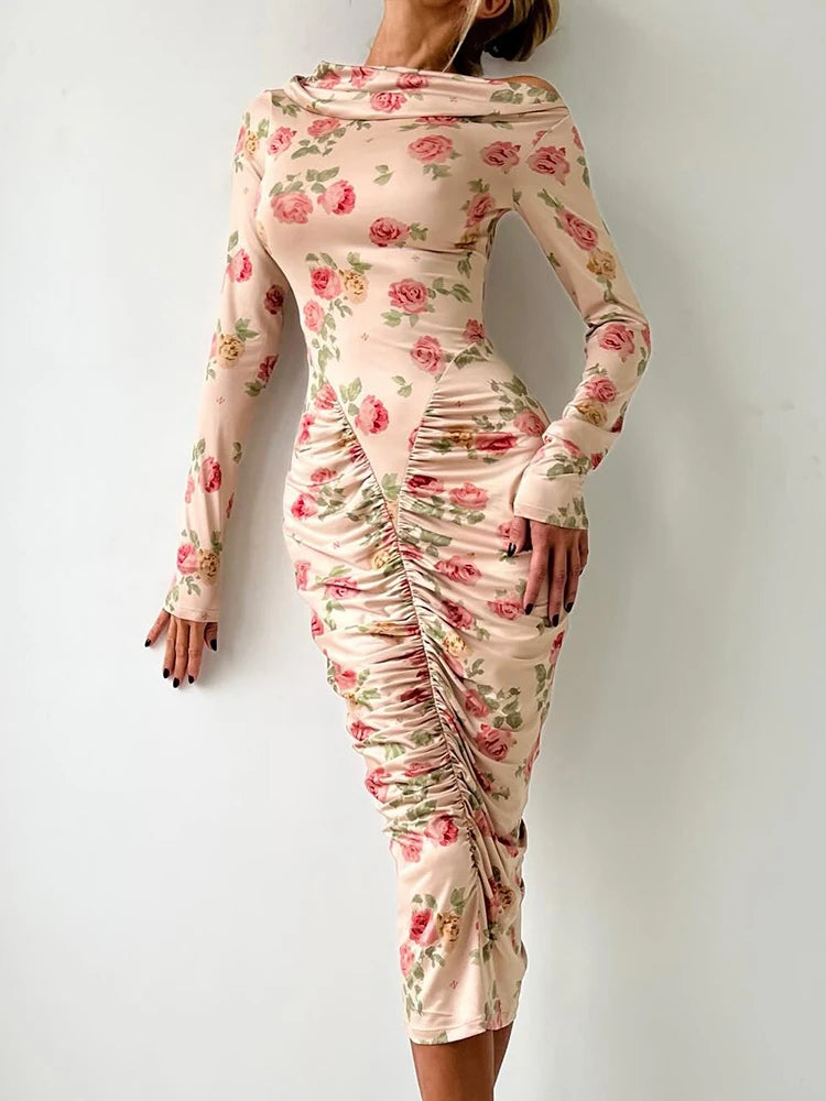Diagonal Collar Long Sleeve Sexy Midi Dress Women Gown Elegant Backless Ruched Bodycon Club Party Long Dresses Female