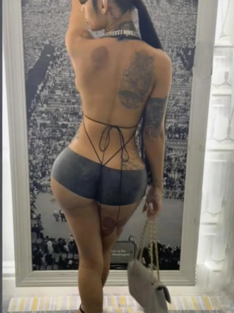 Backless Playsuit Woman Faux Leather Halter Deep V-Neck Side Hollow Design Lace-Up Hottie Wild StyleSexy Fashion  Rompers