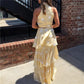 Vintage Polka Dot Halter Back Tie 2 Piece Matching Set Women Sleeveless Crop Top Tiered Layer Ruffle Long Skirt Summer