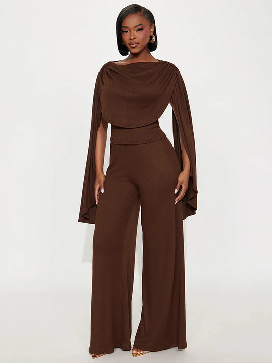 Casual Ribbon 2-Piece Set Women Cape Sleeve Skinny Top+Straight Trousers Matching Simple Elegant Stretch Slim Outfits