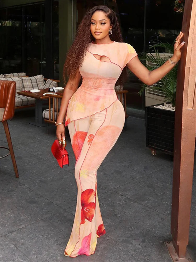 Stylish Floral Print 2-Piece Set Women O-Neck Irregular Hollow Ruffle Split Hem Top+Flare Pants Elegant Vacation Suit