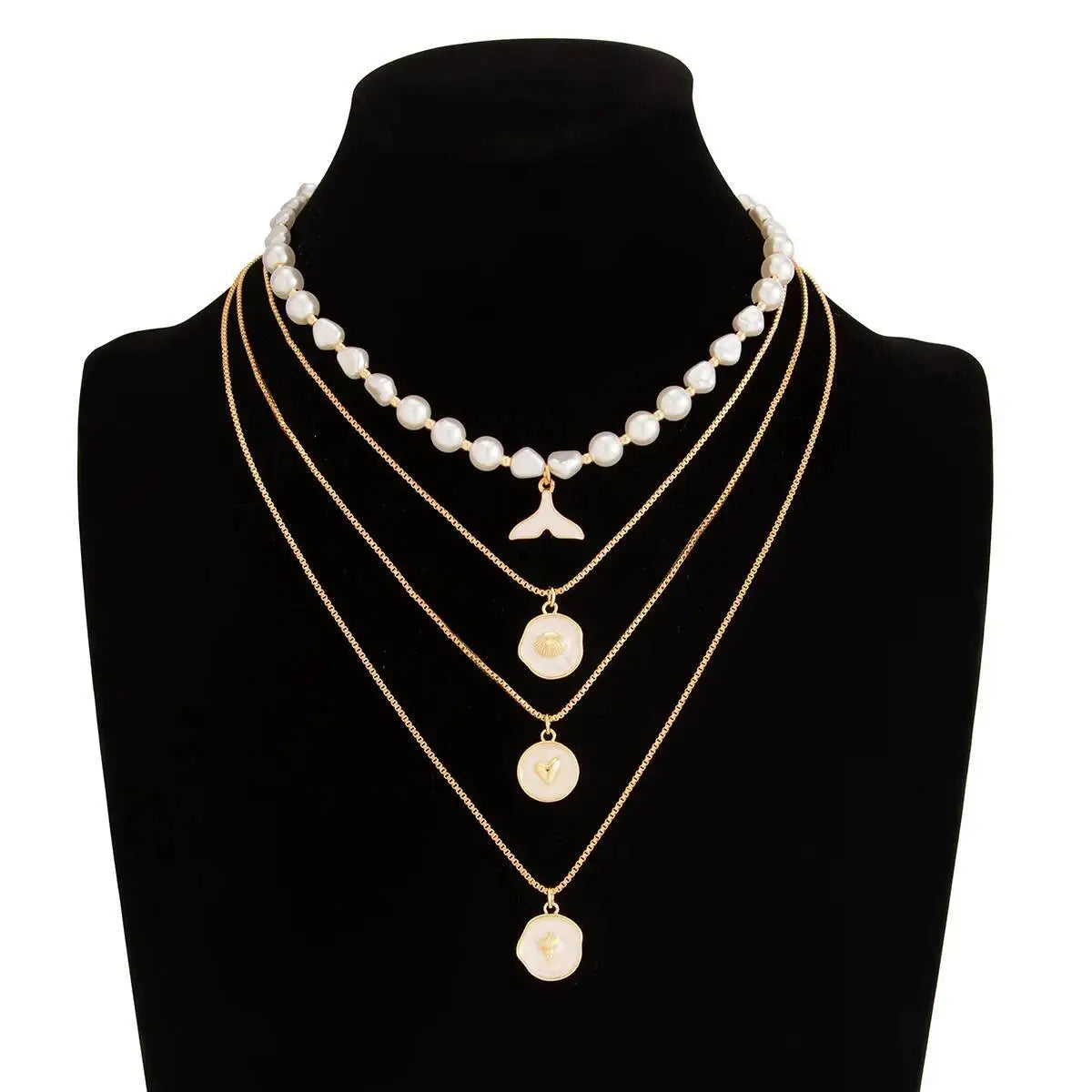 4Pcs/Set Bohemia Imitation Pearl Fishtail Pendant Chokers Necklace for Women Y2K Exquisite Beaded Neck Chain Jewelry Set