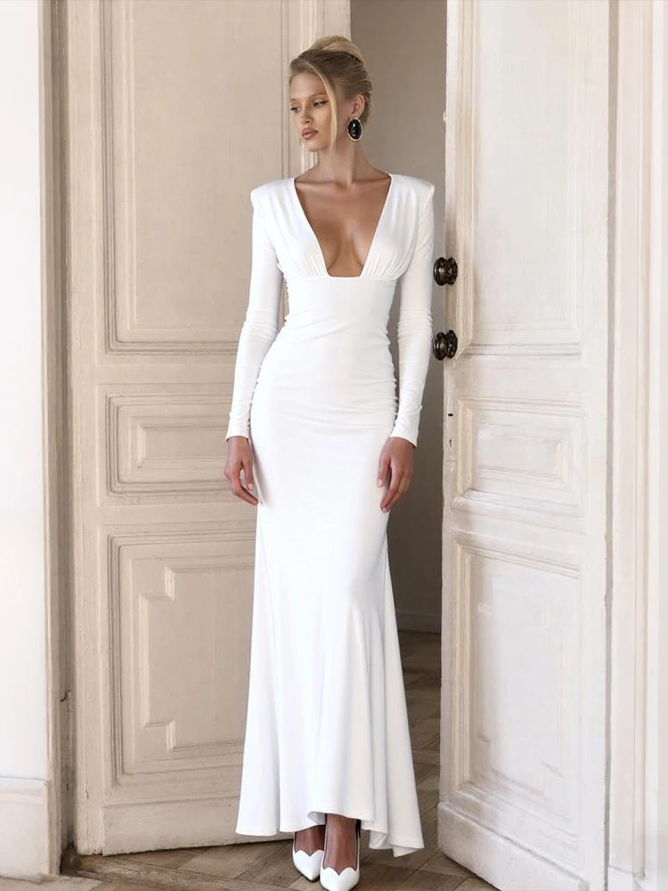 Sexy Low-Neck Maxi Dress Shoulder Pads Skinny Solid Long Sleeve Elasticity Prom Party Simple Classic Elegant Vestidos
