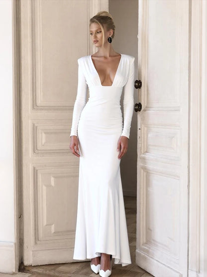 Sexy Low-Neck Maxi Dress Shoulder Pads Skinny Solid Long Sleeve Elasticity Prom Party Simple Classic Elegant Vestidos