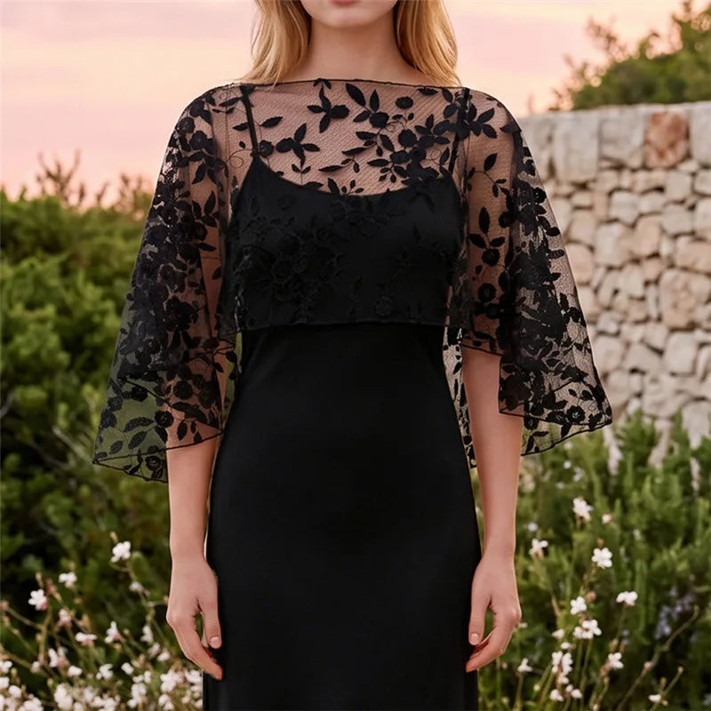 Women Floral Lace Tulle Cape Short Wedding Shawl Bell Sleeve Sheer Mesh Bolero Cover Up Bridal Evening Party Prom Shrug