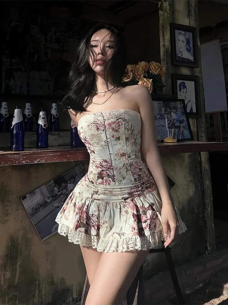 Flower Print 2-Piece Set Women Y2K Single-Breasted Metal Buckle Wrap Top+Lace Folds Hem Skirt Sweet Matching Suits