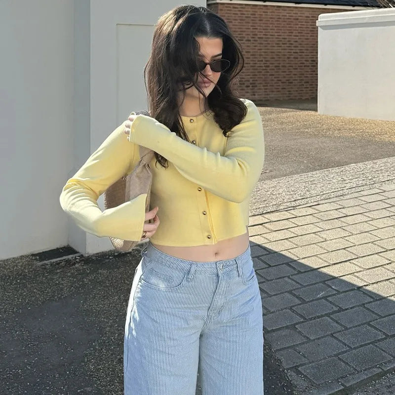 Yellow Cardigan Woman Clothes Fall 2025 Solid Color Ribbed Knitted Sweaters Button Up Long Sleeve Top