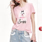 Pink Crew Neck Cute Dog with Bow Leopard Print Text Short Sleeve T-Shirt for Women