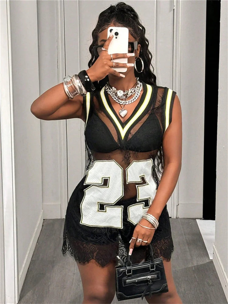 Mesh Patchwork Sexy Dress Women Contrast Number Print V-Neck Backless Sleeveless Sporty Style Fashion Mini Bodycon