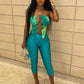 Sexy Fashion 2 Piece Set Women Metal Rings Patchwork Hollow Print Tube Tops+Skinny Pants Hottie Midnight Hipster Suit