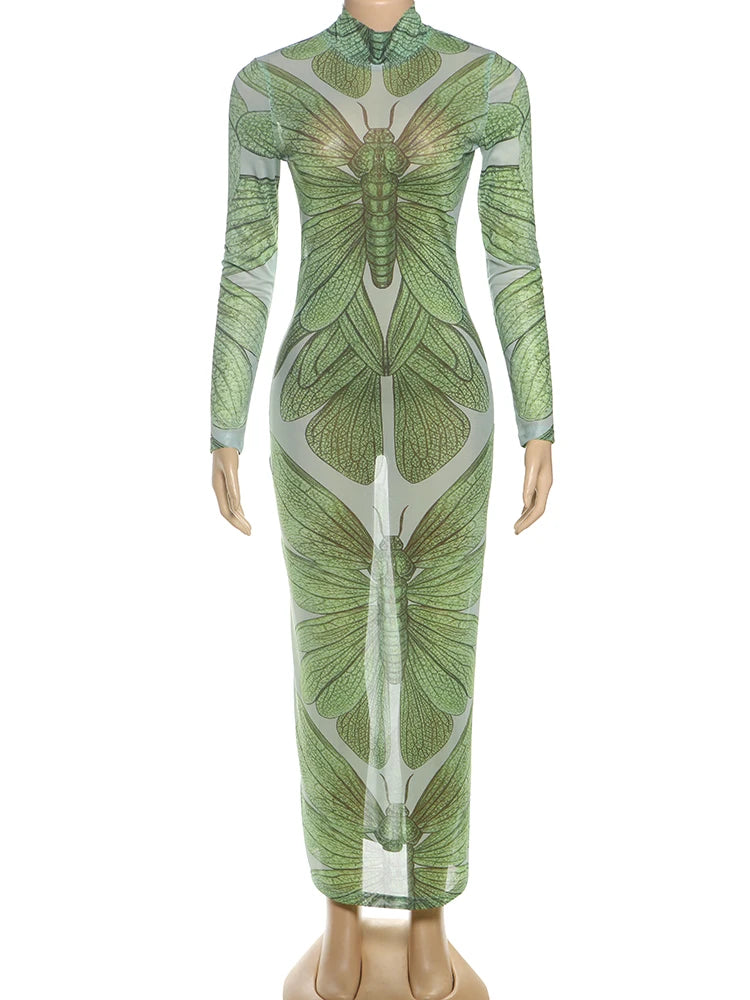 Sexy See Through Women Dress Butterfly Print Long Sleeve Elegant Stretch Skinny Midnight Clubwear Midnight Bodycon