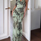 Summer Tiger Print 2-Piece Set Women Halter Bandage Swing Collar Backless Vest+Folds Tassel Long Skirt Fashion Party Suit