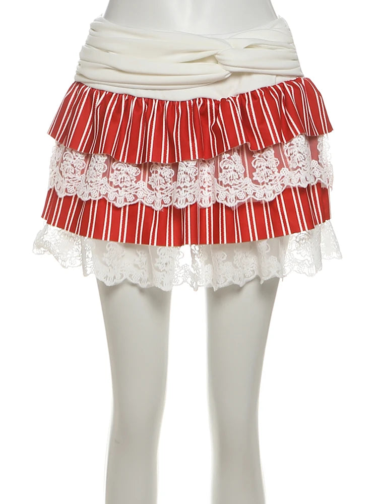 Stripe Print 2-Piece Set Women Halter Bandage Backless Crop Top+Patchwork Lace Tierred Skirt Beach Vacation Outfits