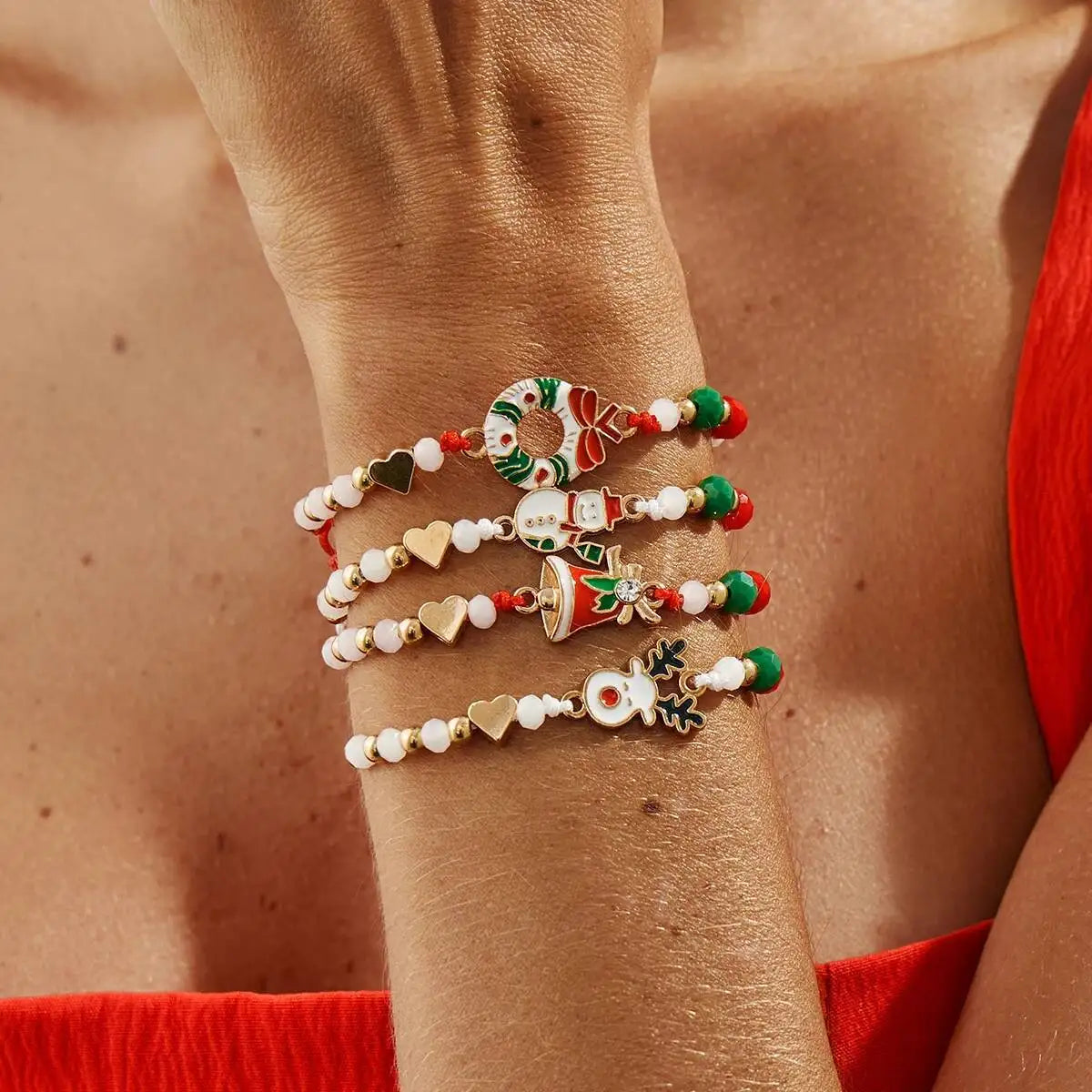 4Pcs/Set Cute Santa Claus Elk Snowman Christmas Tree Pendant Bracelet Women Adjustable Rope Chain Acrylic Beaded Bracelet