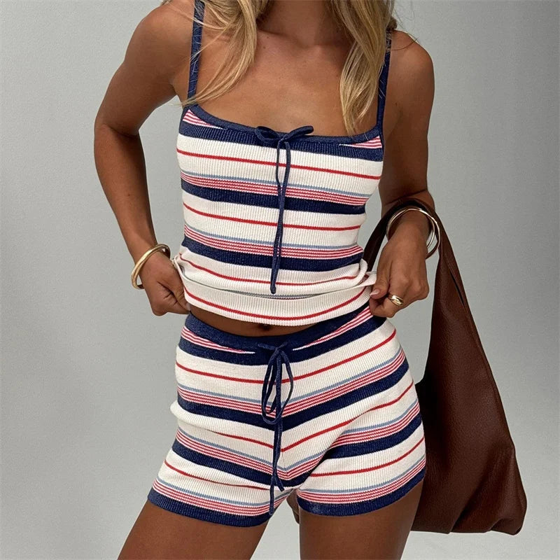 Women Y2K Retro Striped Knit Two Piece Set Spaghetti Strap Bow Front Top and Drawstring Shorts Summer Casual Streetwear